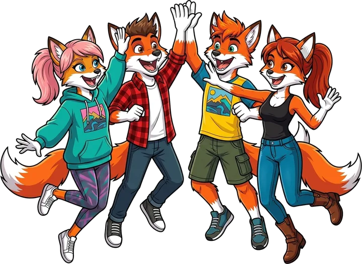 Vier jubelnde Fuchs-Maskottchen beim High-Five