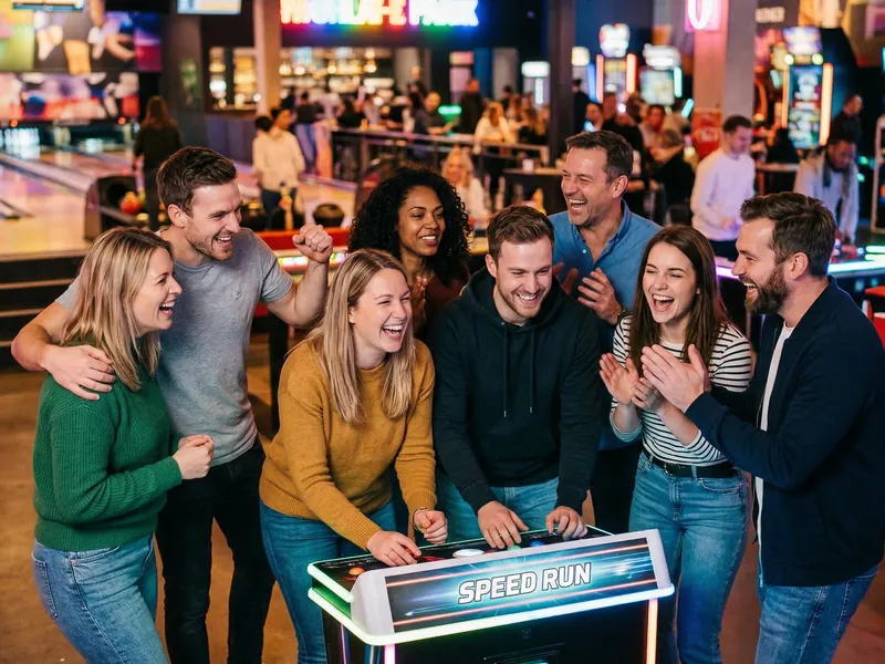 Firmen-Team feiert einen Erfolg am Arcade-Automaten in der Black Fox World