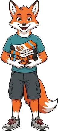 Fuchs-Maskottchen mit Unterlagen