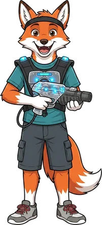 Fuchs-Maskottchen mit Lasertag-Phaser