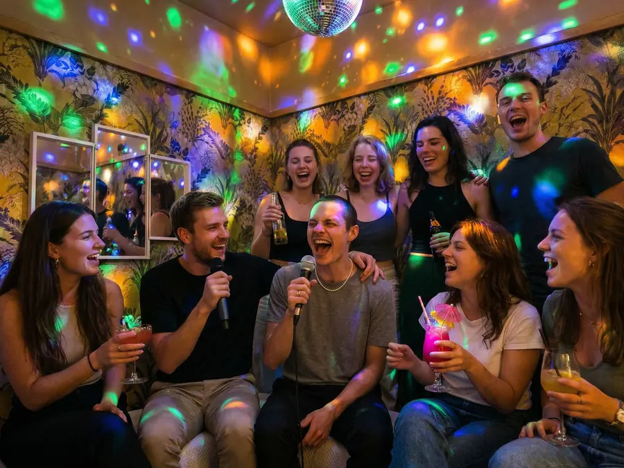 Karaoke Bühne mit Discokugel und UV-Licht