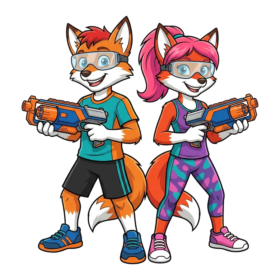 Black Fox Maskottchen mit Nerf-Blaster
