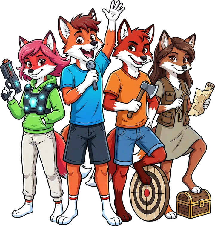Vier Fuchs-Maskottchen mit Lasertag-Ausruestung, Mikrofon, Axt und Schatzkarte