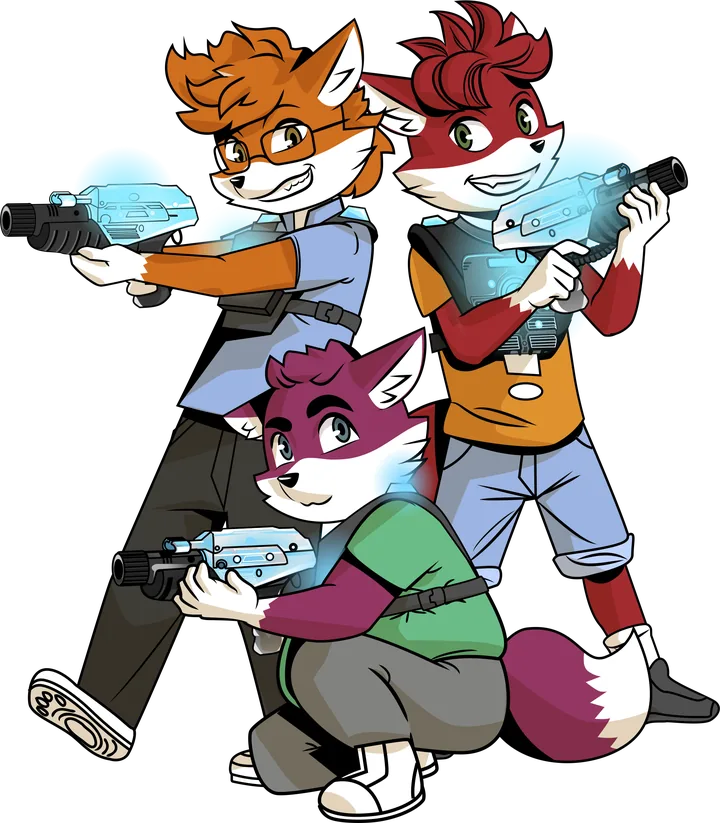 Drei Fuchs-Maskottchen mit Lasertag-Phasern in Aktionspose